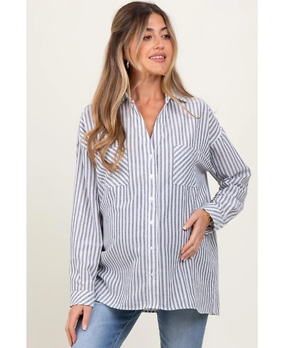 Pinkblush Maternity Navy Striped Double Pocket Button Down Top