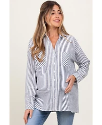Pinkblush Maternity Navy Striped Double Pocket Button Down Top