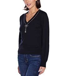 Belldini Women's V-Neck Rhinestone-Bow Sweater