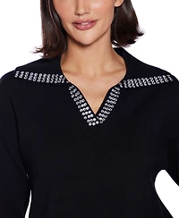Belldini Women's Rhinestone-Trimmed Split-Neck Sweater