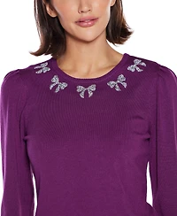 Belldini Women's Puff Sleeve Embellished Neckline Sweater