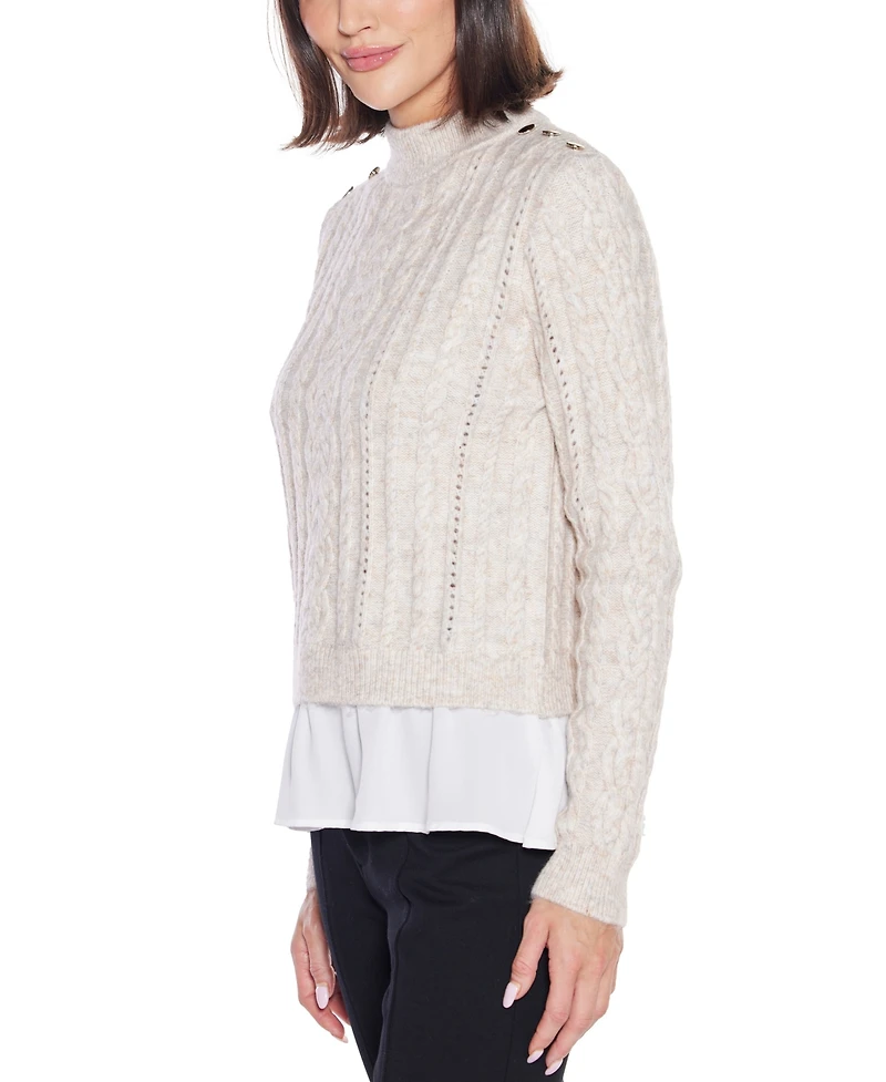 Belldini Women's Black Label Chiffon-Hem Cable Sweater