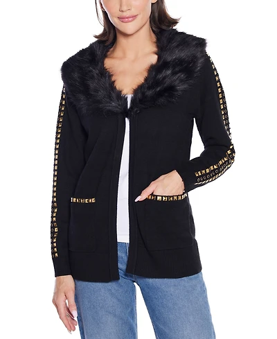 Belldini Women's Black Label Embellished Collar Cardigan Sweater