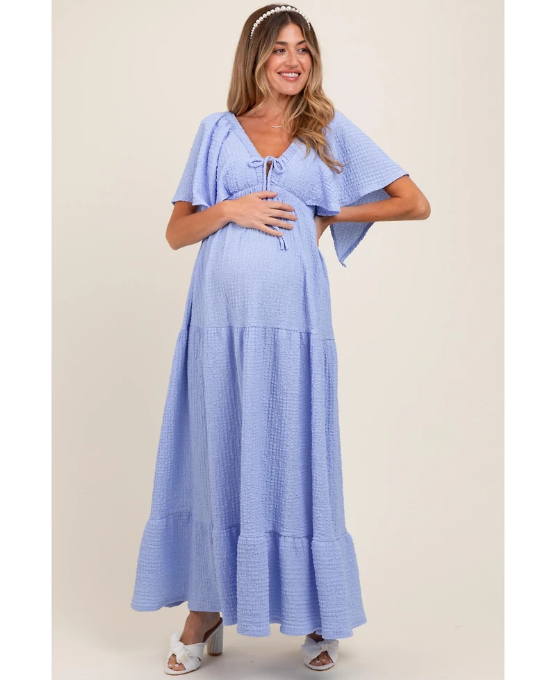 Pinkblush Light Blue Woven Textured Flutter Sleeve V-Neck Tiered Maternity Maxi Dress