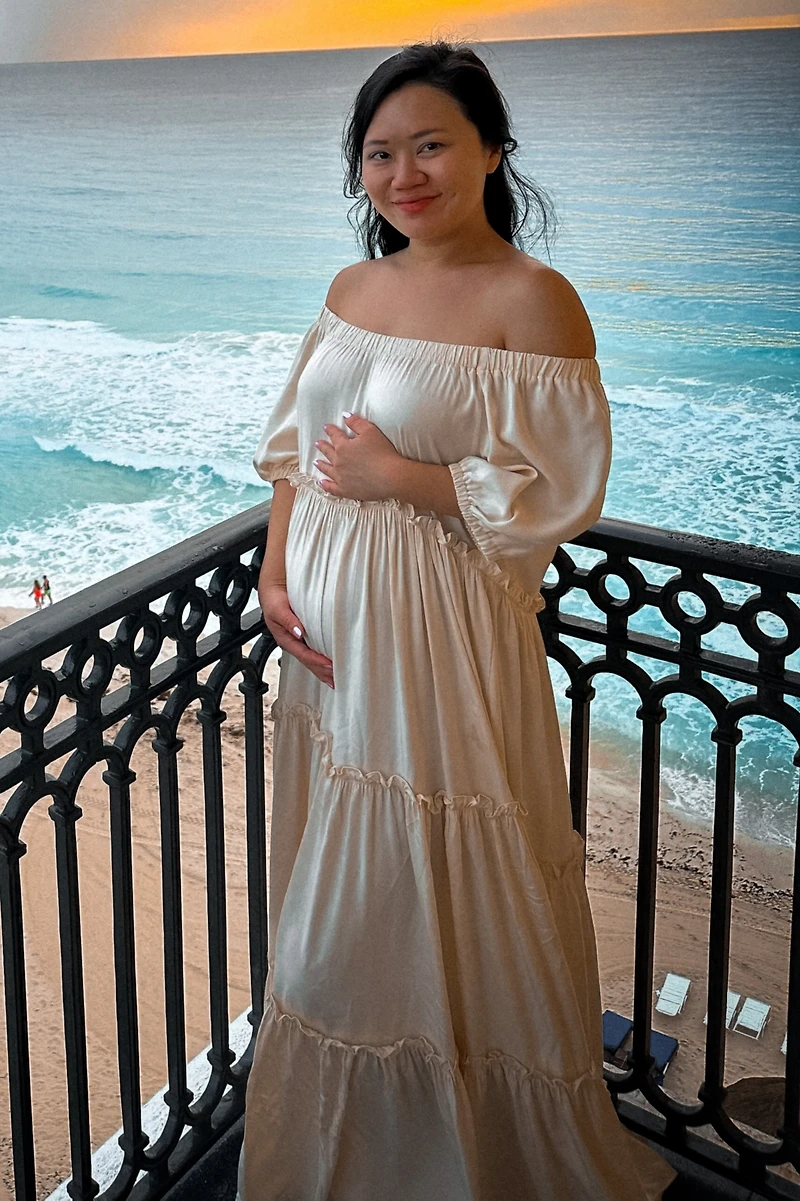 Pinkblush Cream Off Shoulder Ruffle Tiered Maternity Maxi Dress