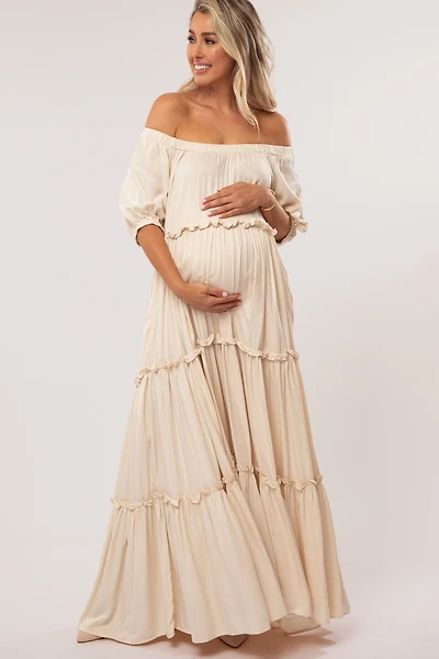 Pinkblush Cream Off Shoulder Ruffle Tiered Maternity Maxi Dress