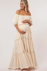 Pinkblush Cream Off Shoulder Ruffle Tiered Maternity Maxi Dress