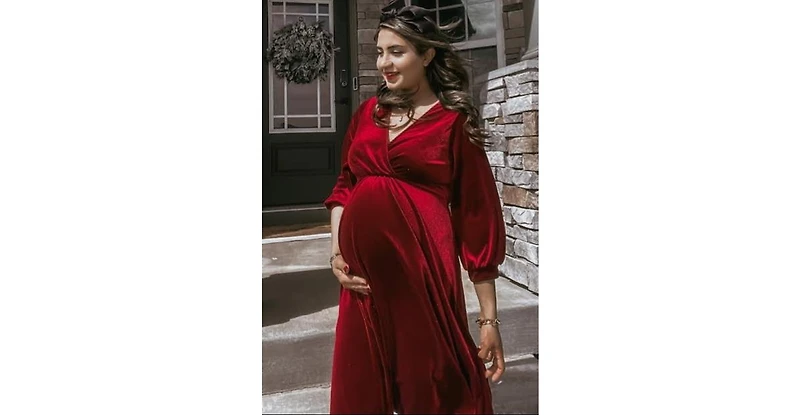 Pinkblush Burgundy Velvet Wrap Front Babydoll Maternity Dress