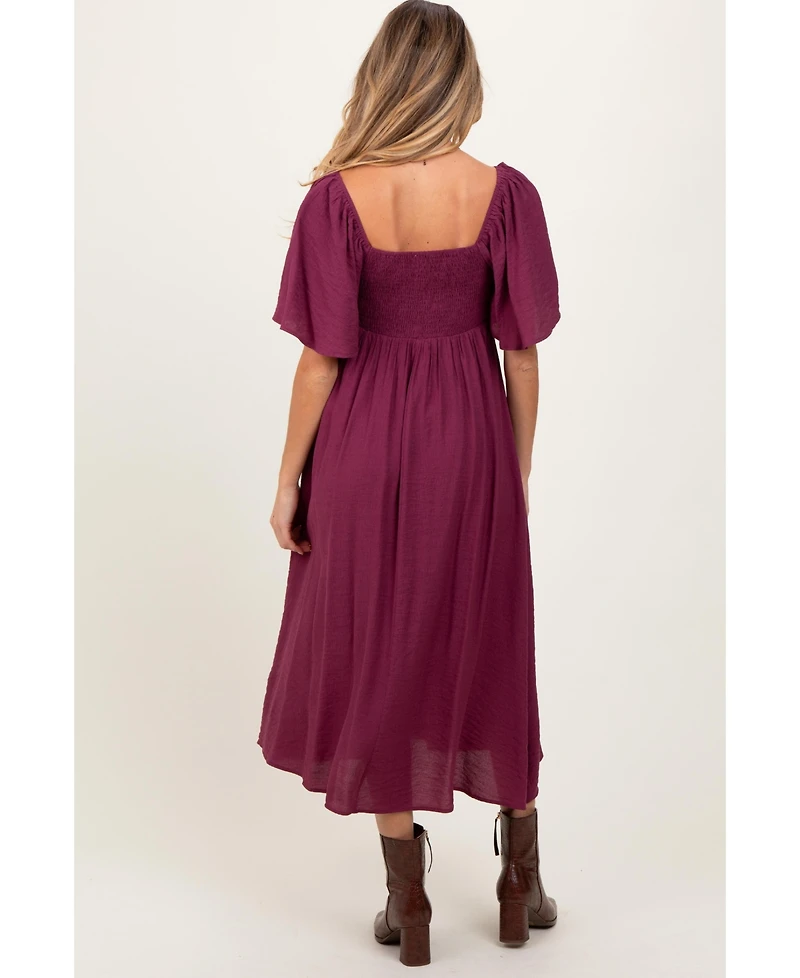 Pinkblush Maternity Plum Front Tie Ruffle Sleeve Midi Dress