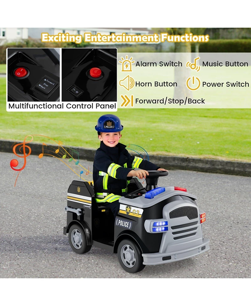 Police Car Ride on, 12V Electric Cop Truck Kids w/Shovel & Wrench, Fire Extinguisher, Ladder, Safety Hat, 4 Anti-Slip Wheels, Music, Alarm, Horn,