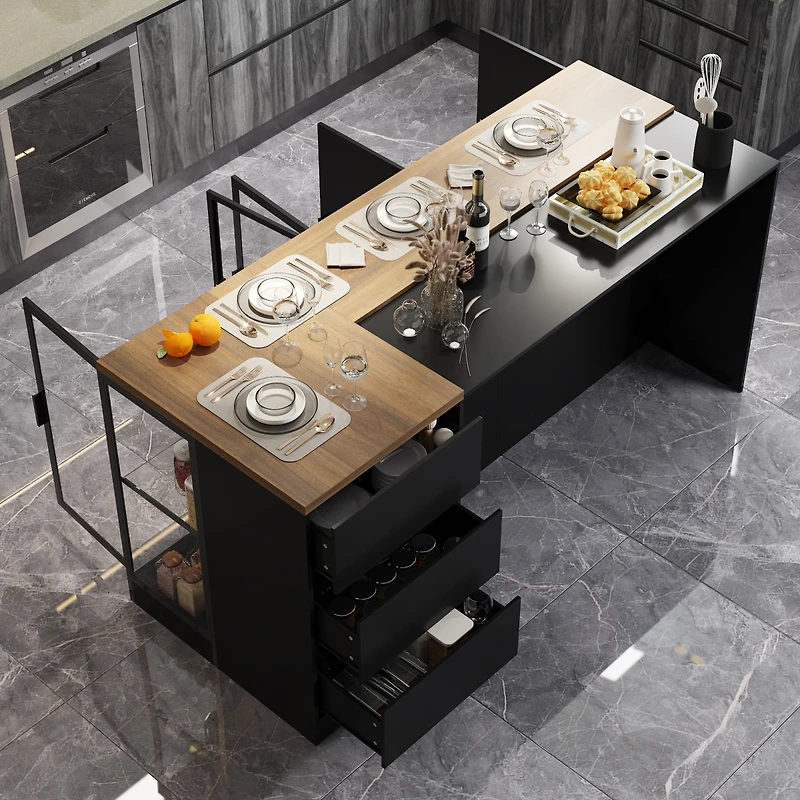 Kitchen island with 3 drawers, glass shelves, light strip, kitchen island storage table with dining table, coffee station and microwave rack for home,