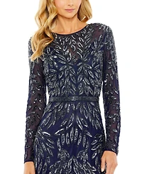 Women's Long Sleeve Illusion Neckline Embellished Gown