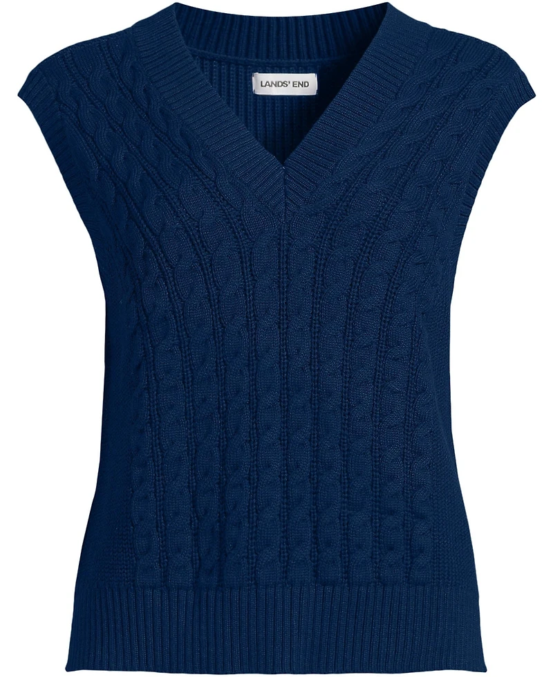 Lands' End Women's Drifter Modern Cable V Neck Vest Sweater