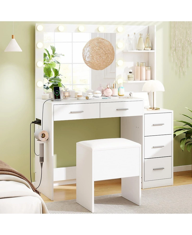 Makeup Table and Stool Set with Hair Dryer Stand
