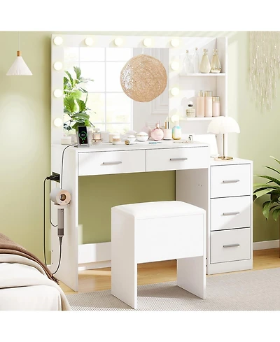 Makeup Table and Stool Set with Hair Dryer Stand