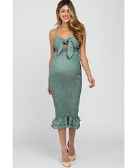 Pinkblush Women's Green Gingham Print Smocked Fitted Self-Tie Maternity Midi Dress