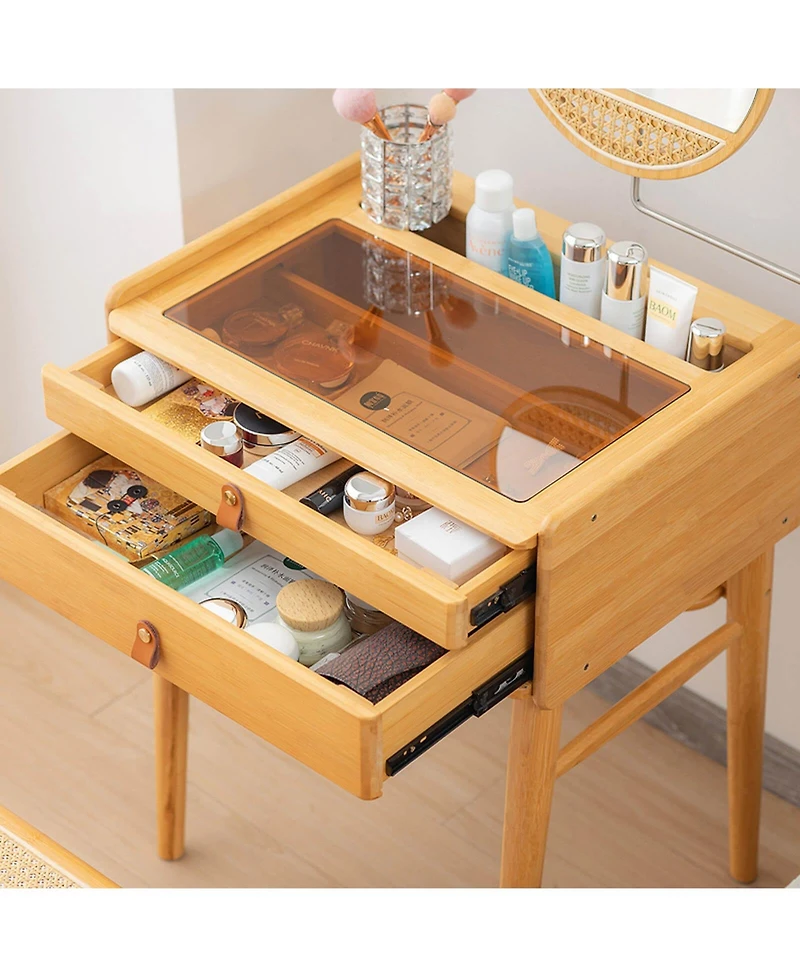 Bamboo Makeup Vanity Table with Stool and Rotating Mirror