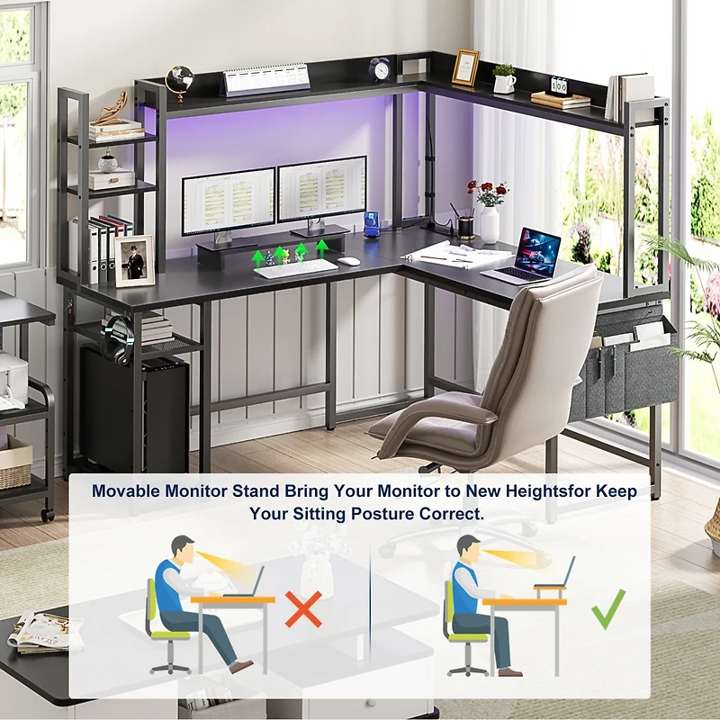 Aheaplus L-Shaped Desk with Hutch & Power Outlet, Corner Computer Led Lights