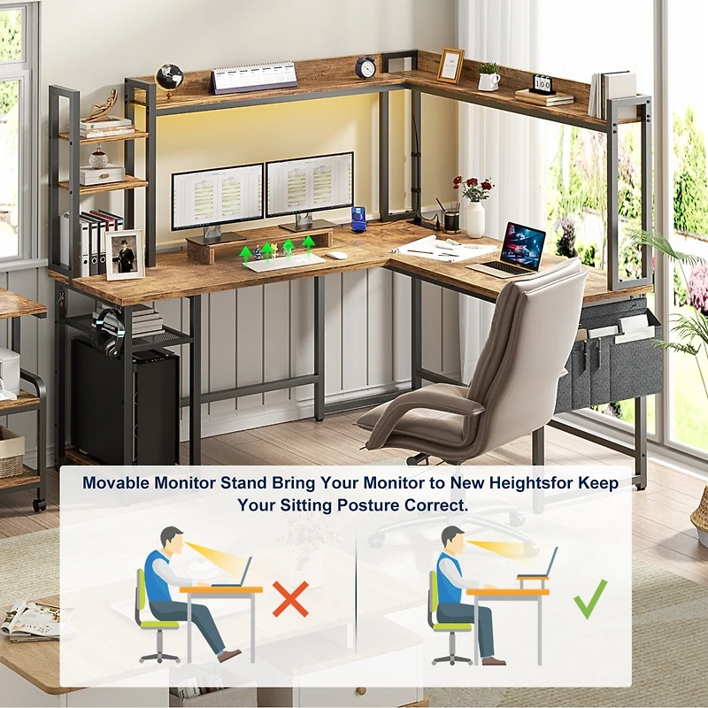 Aheaplus L-Shaped Desk with Hutch & Power Outlet, Corner Computer Led Lights