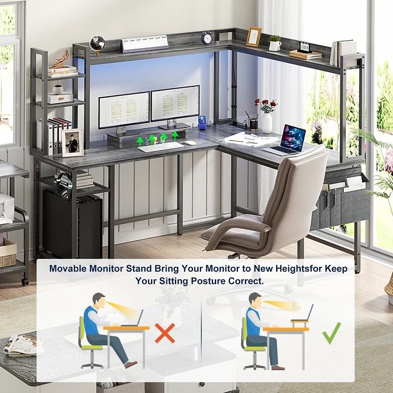 Aheaplus L-Shaped Desk with Hutch & Power Outlet, Corner Computer Led Lights