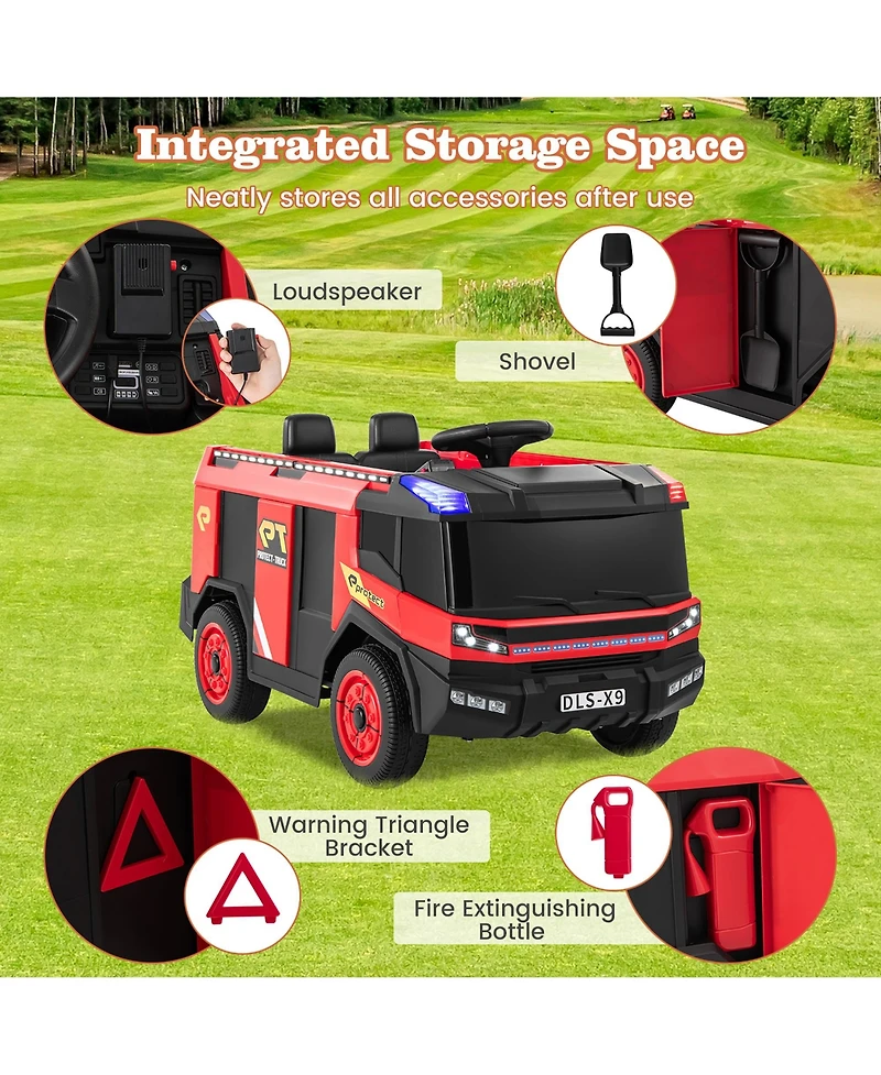 Gymax 2-Seater Kids Ride on Fire Truck w/Remote Control Water Gun Extinguisher Shovel