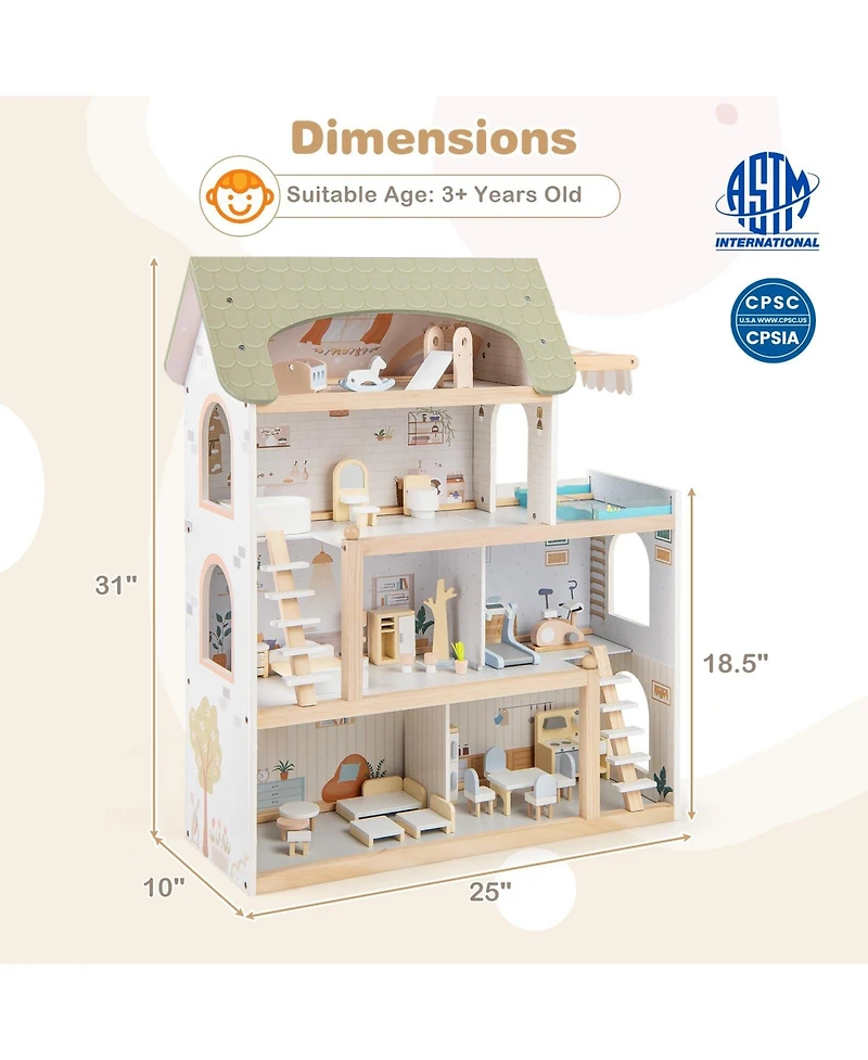 Wooden Dollhouse Kids Diy Pretend Playhouse with 33 Pcs Furniture Accessories