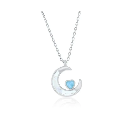 Caribbean Treasures Sterling Silver, Mop Crescent Moon & Larimar Heart Necklace - Larimar
