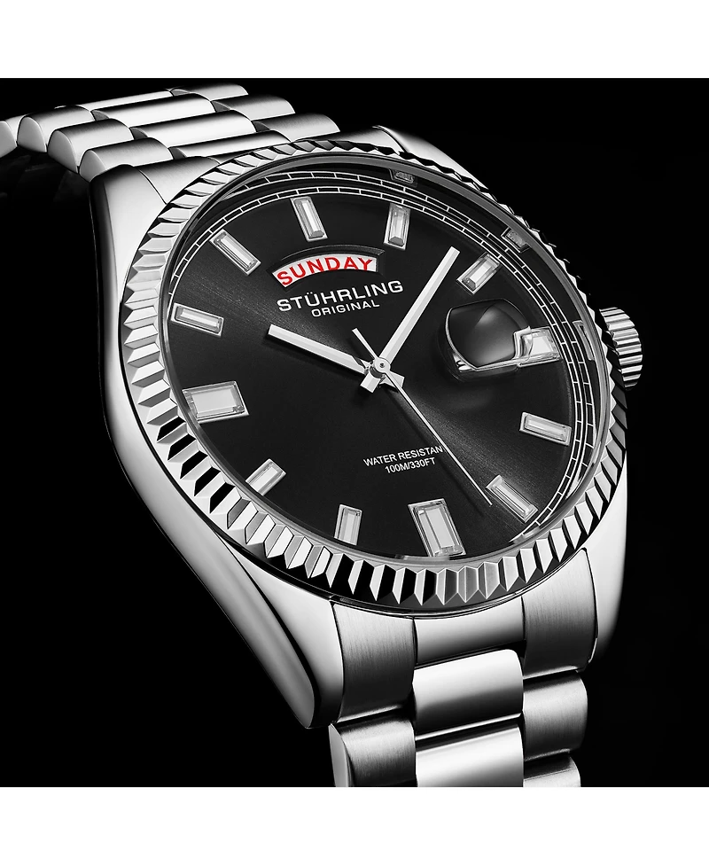 Stuhrling Statesman 4070 Men s Watch – Stainless Steel Bracelet, Black Dial, Day-Date Quartz, 42mm Fluted Bezel