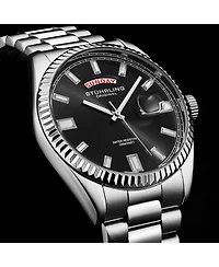 Stuhrling Statesman 4070 Men s Watch – Stainless Steel Bracelet, Black Dial, Day-Date Quartz, 42mm Fluted Bezel