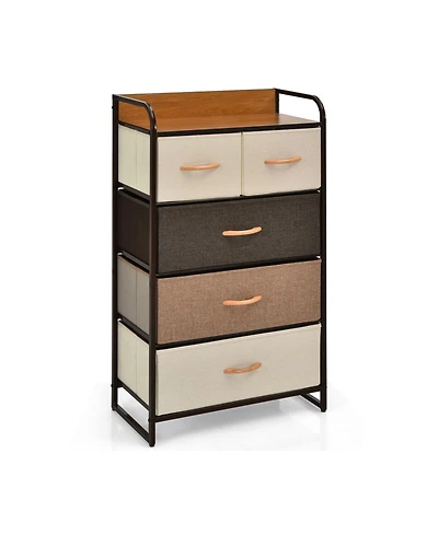 Volenca 4-Tier Organizer Tower Steel Frame Wooden Top Storage with 5-Drawer Dresser