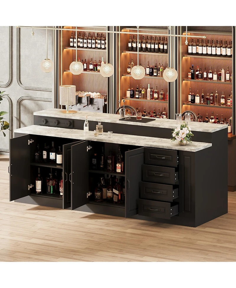Kitchen island with 4 drawers, 4 doors, sockets, kitchen island storage table with dining table, coffee station and microwave rack for home, dining ro