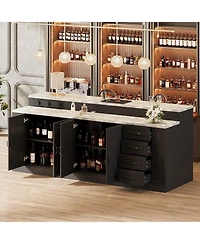 Kitchen island with 4 drawers, 4 doors, sockets, kitchen island storage table with dining table, coffee station and microwave rack for home, dining ro