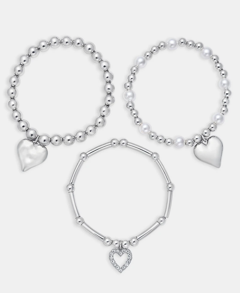 I.n.c. International Concepts 3-Pc. Set Pave Heart Imitation Pearl Beaded Stretch Bracelets, Macy's Exclusive