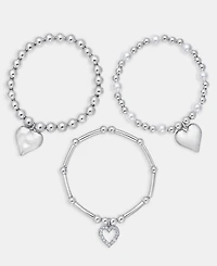 I.n.c. International Concepts 3-Pc. Set Pave Heart Imitation Pearl Beaded Stretch Bracelets, Macy's Exclusive