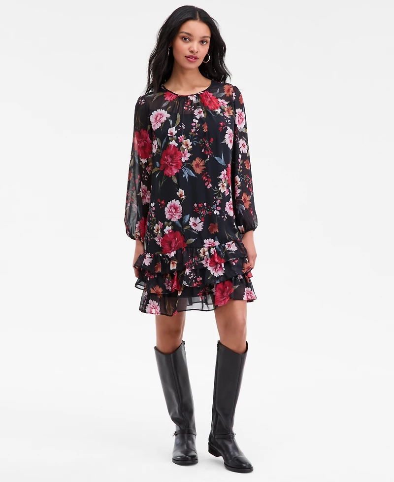 Robbie Bee Petite Floral Long-Sleeve Tiered-Hem Dress