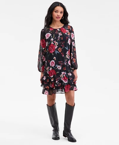 Robbie Bee Petite Floral Long-Sleeve Tiered-Hem Dress