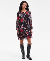 Robbie Bee Petite Floral Long-Sleeve Tiered-Hem Dress