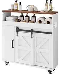 Toilet Paper Cabinet with Rolling Wheels, Paper Holes, White/Walnut