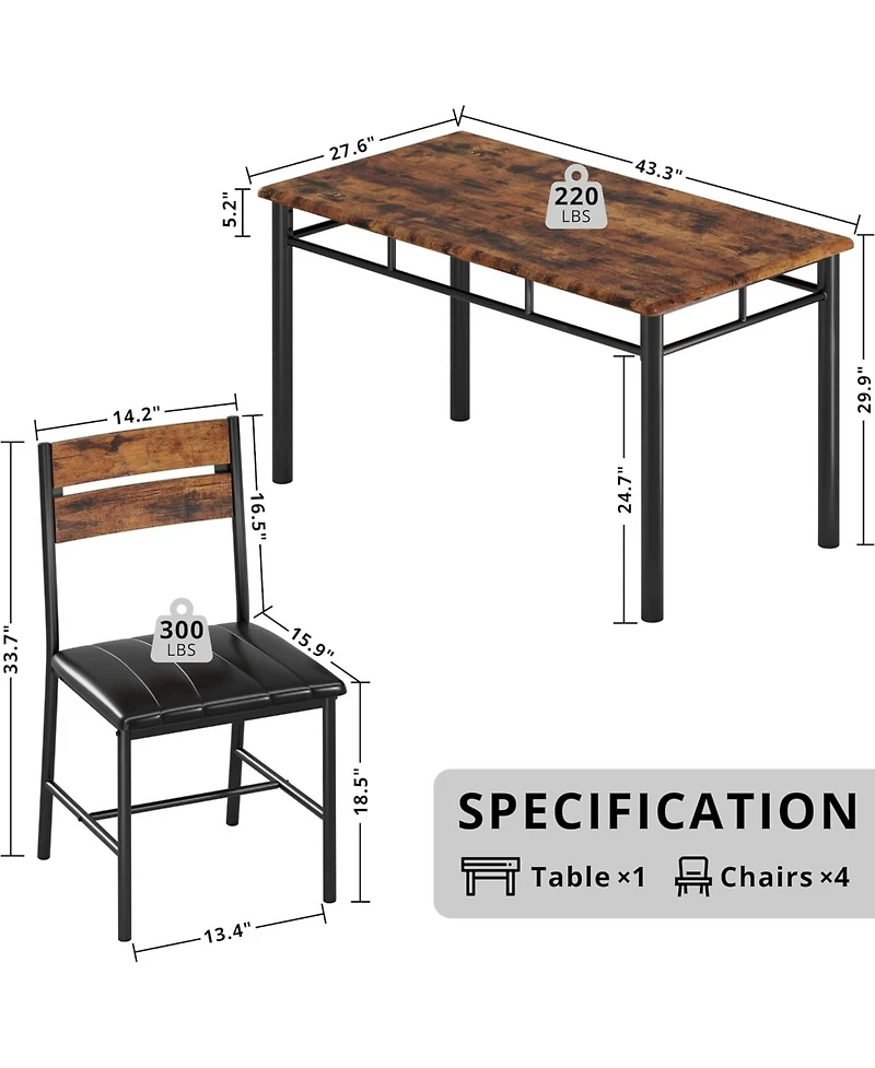 Ironck Wood Dining Table Set for 4, Rustic Brown