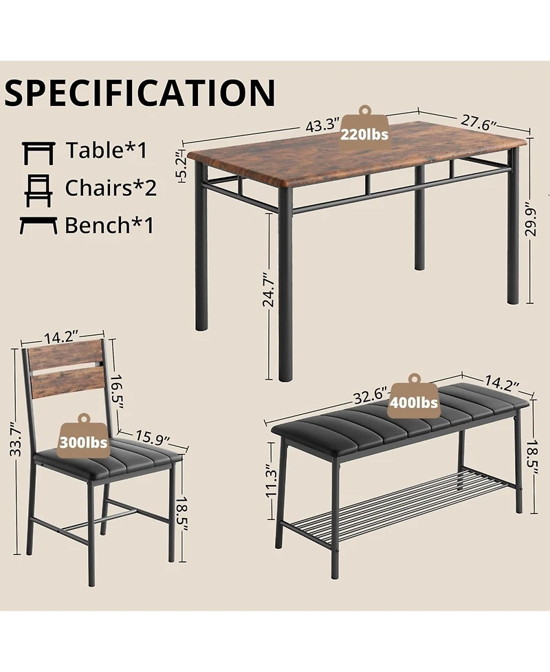 Ironck Dining Table Set for 4 with Upholstered Bench and 2 Chairs, Brown