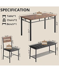 Ironck Dining Table Set for 4 with Upholstered Bench and 2 Chairs, Brown