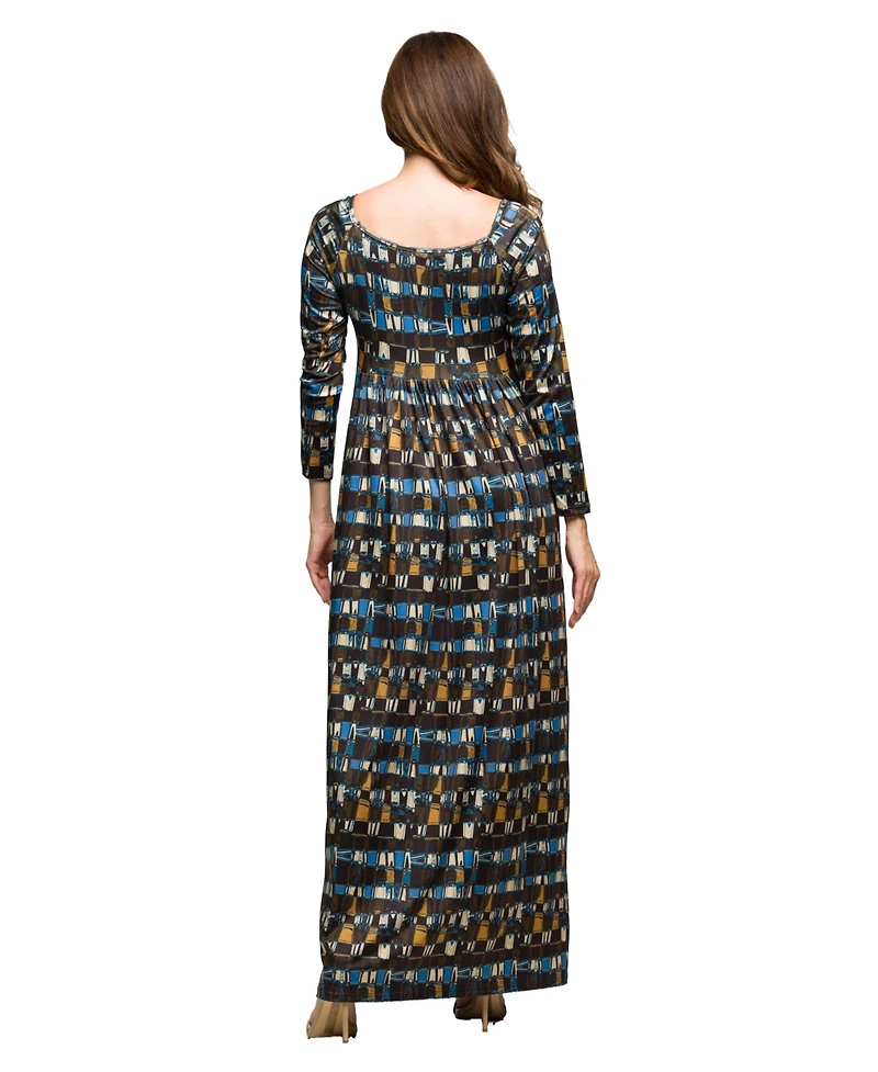 24seven Comfort Apparel Women's Brown Geometric Print Long Sleeve Dress