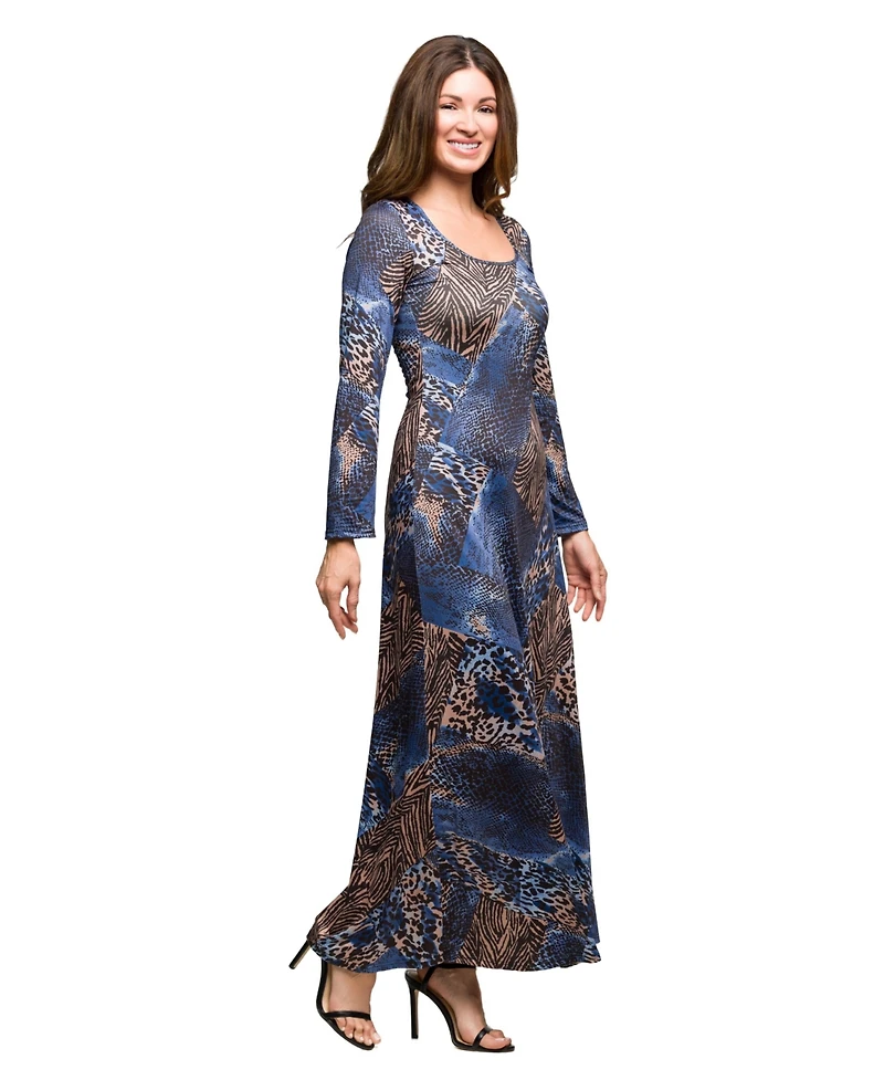 24seven Comfort Apparel Women's Blue Animal Print Long Sleeve Scoop Neck Maxi Dress