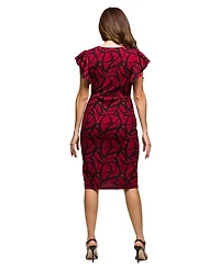 24seven Comfort Apparel Women's Burgundy Print Flutter Sleeve Faux Wrap Dress