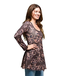 24seven Comfort Apparel Women's Brown Floral Print Long Sleeve Tunic Top