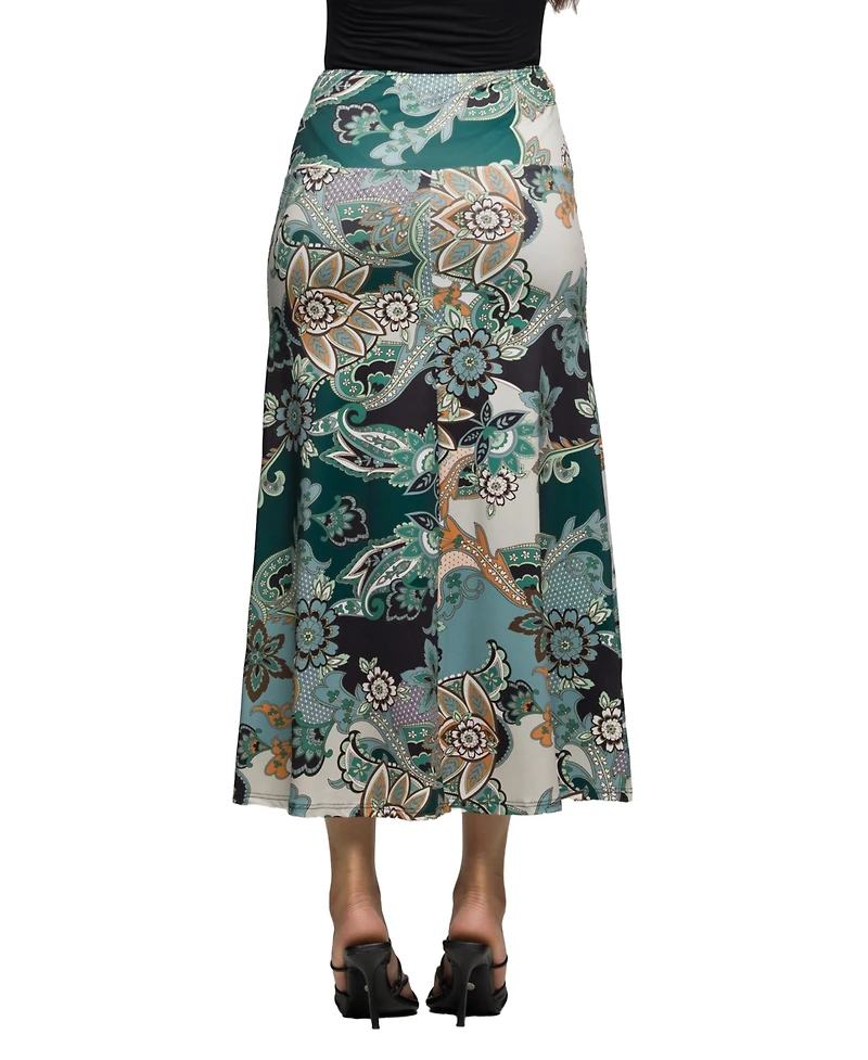 24seven Comfort Apparel Women's Green Paisley Print Midi Skirt