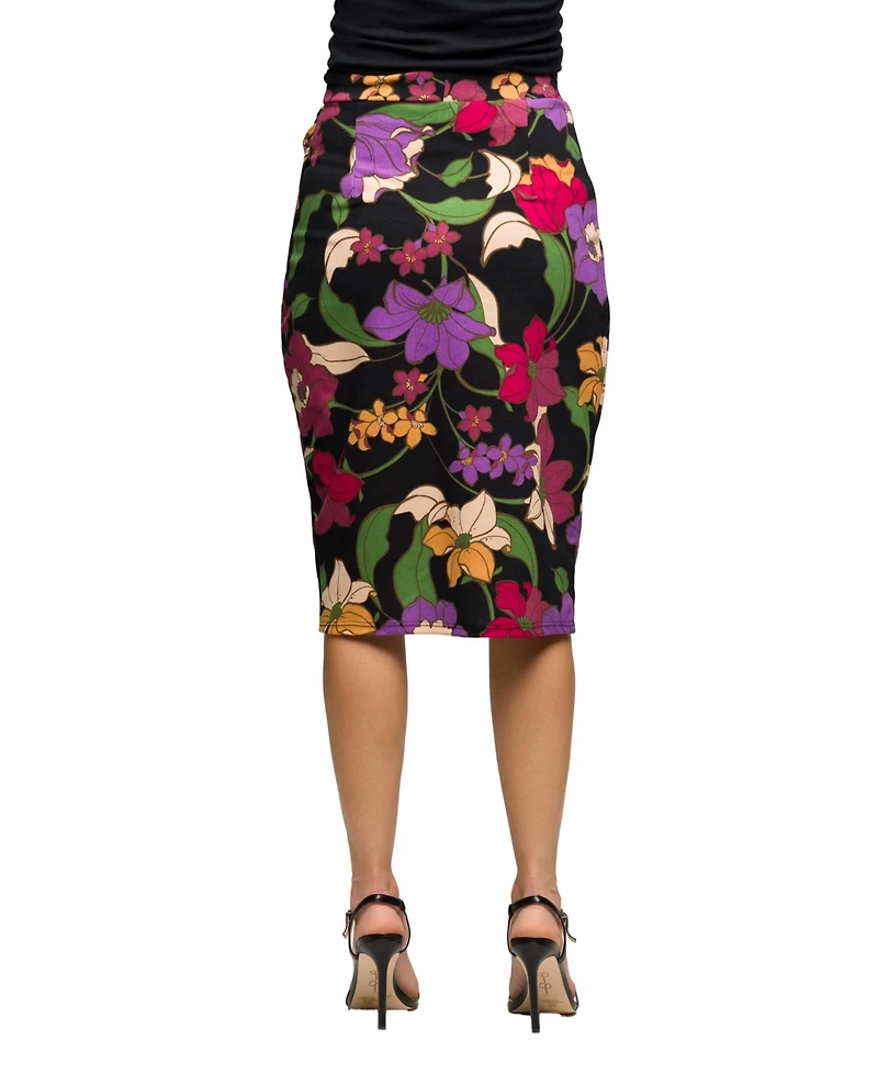 24seven Comfort Apparel Women's Black Multi Floral Print Midi Pencil Skirt