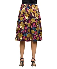 24seven Comfort Apparel Women's Purple Floral Elastic Waist Pocket Midi Skirt