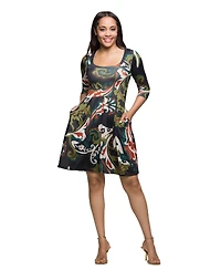 24seven Comfort Apparel Women's Three Quarter Sleeve Fit and Flare Dress