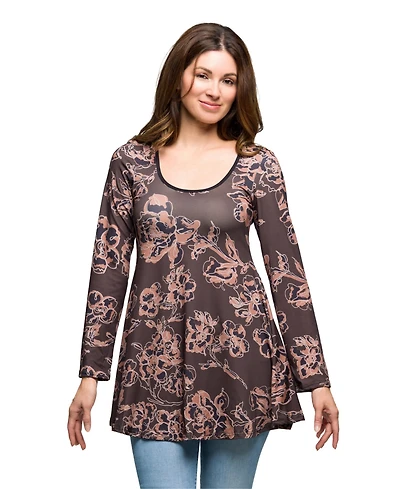 24seven Comfort Apparel Women's Brown Floral Print Long Sleeve Tunic Top